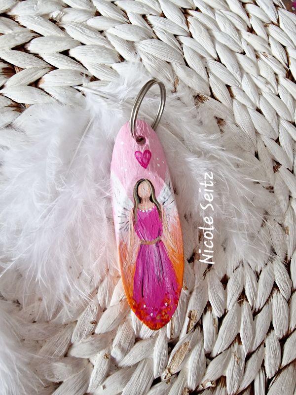 Schlüssel-/Taschenanhänger * Engel * handbemalt * Holz * Rosa-Pink * Herz
